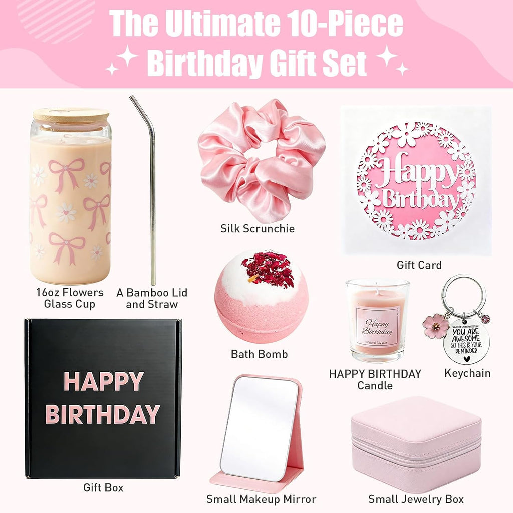 Happy Birthday Gift Box for Women - Relaxing Spa Basket for Best Friend, Mom, Coworker - Unique Gift Set with Pink - Set of 10