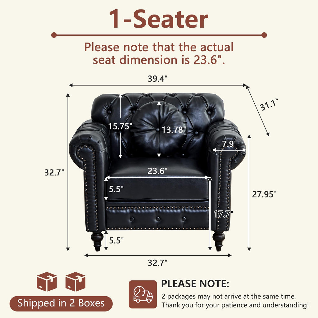 Chesterfield Chair, High Back Modern Faux Leather Couch with Button Tufted, Nailhead Trim, Rolled Arms, Extra Round