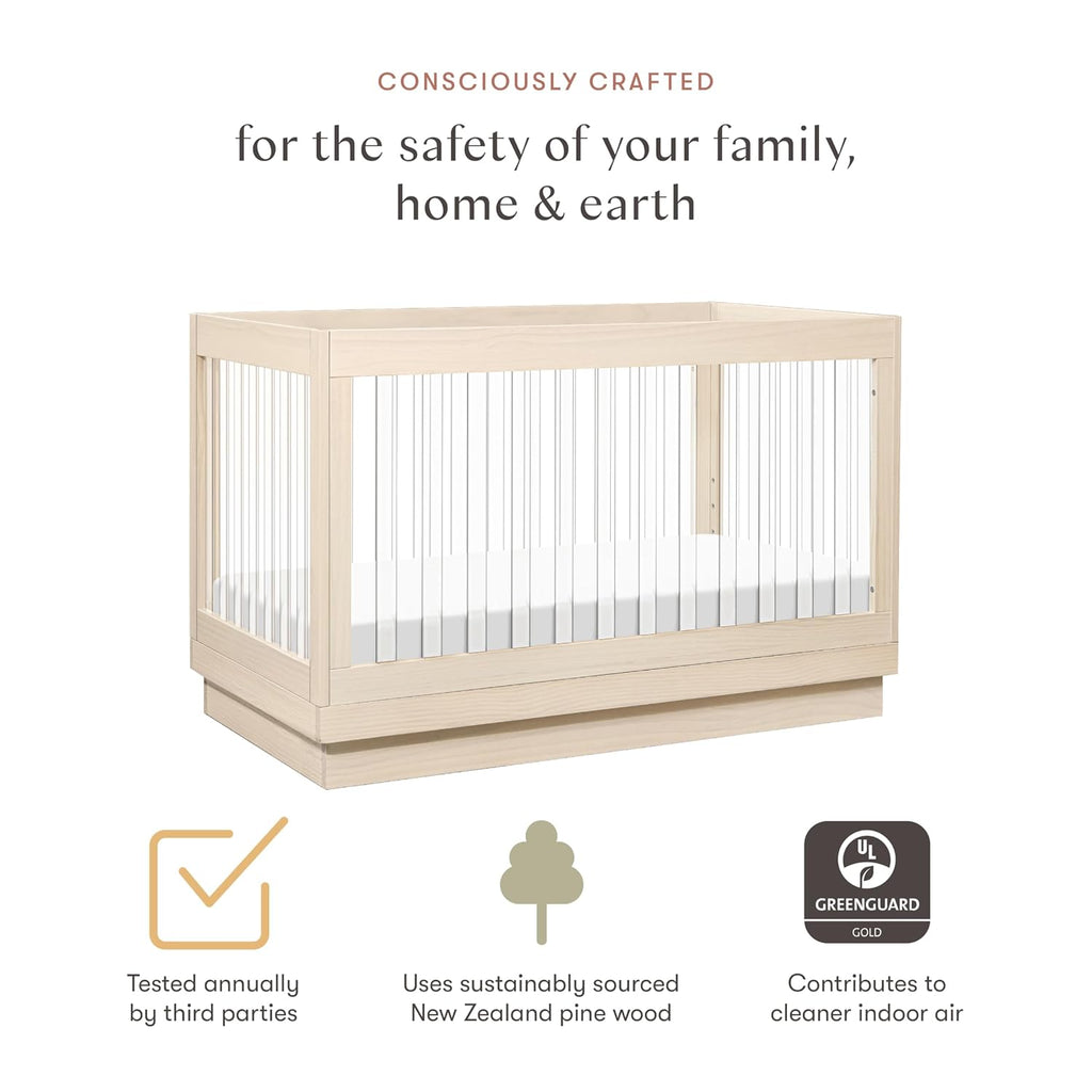 Harlow Acrylic 3-in-1 Convertible Crib with Toddler Bed Conversion Kit in Washed Natural with Acrylic Slats