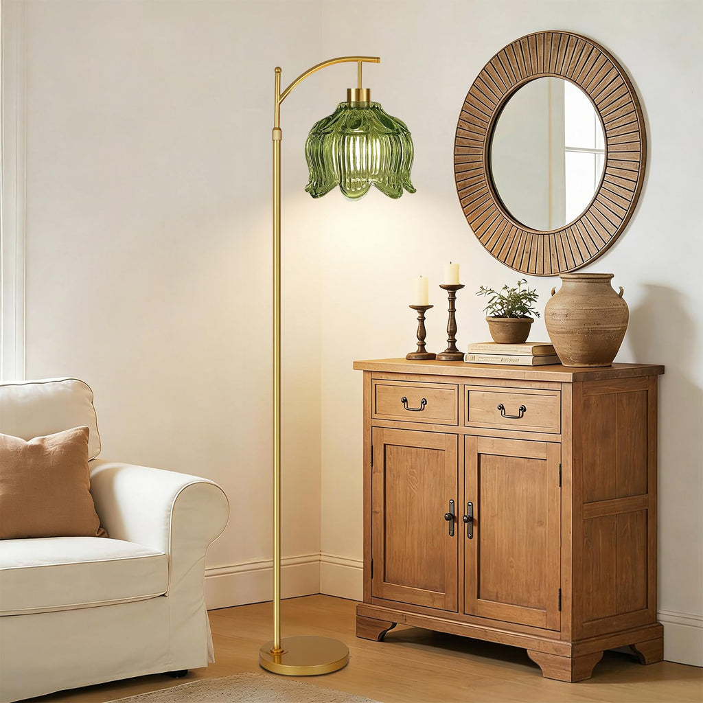 Glass Floor Lamp,Gold Dimmable Standing Lamp with Remote,Mid Century Modern Brass Tall Lamp Boho Vintage Floor Lamps