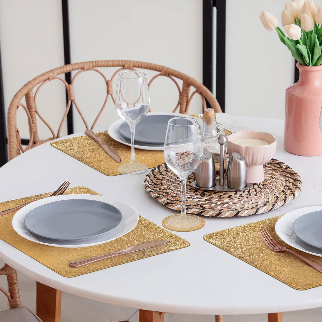 Faux Leather Placemats Set of 6 with Coasters, 12x17inch Non-Slip Heat Resistant Dual-Sided Gold Crackled Place Mats