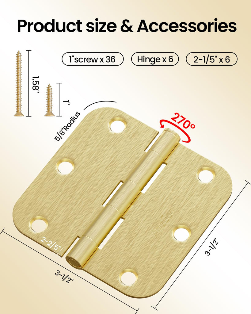 Gold Door Hinges 24 Pack 3.5 Inch Rounded with 5/8" Radius Corners