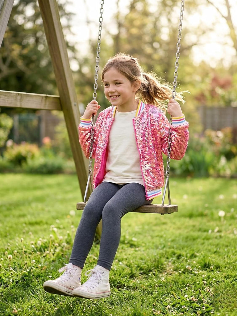 Girls' Ombre Sequin Bomber Jacket with Pockets Lightweight Sparkle Long Sleeve Zipper Gradient Jackets for Kid