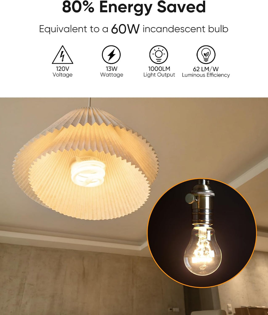 UL-Listed 13W T3 Spiral GU24 CFL Light Bulb 2700K Soft White 2Pack