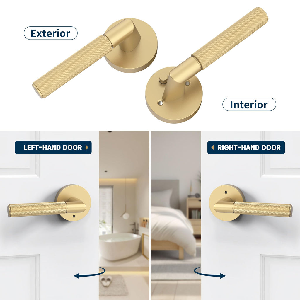 1 Pack Brushed Gold Knurled Interior Door Handle, Privacy Lock