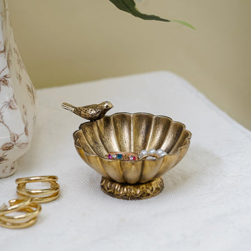 Vintage Gold Bird Jewelry Bowl, Small Metal Ring Trinket Dish