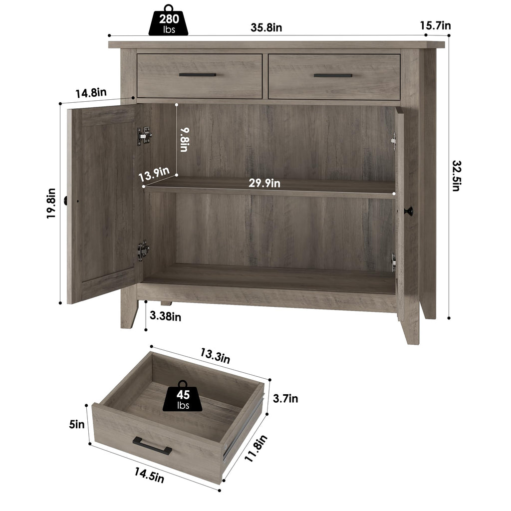Farmhouse Kitchen Storage Cabinet, Small Buffet, Coffee Bar, Grey