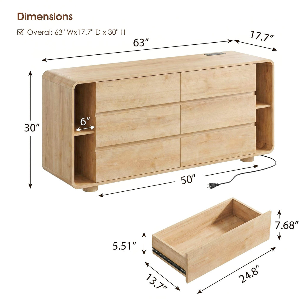 63 Inch 6 Drawer Dresser with Shelves Rounded Corner, Natural Oak