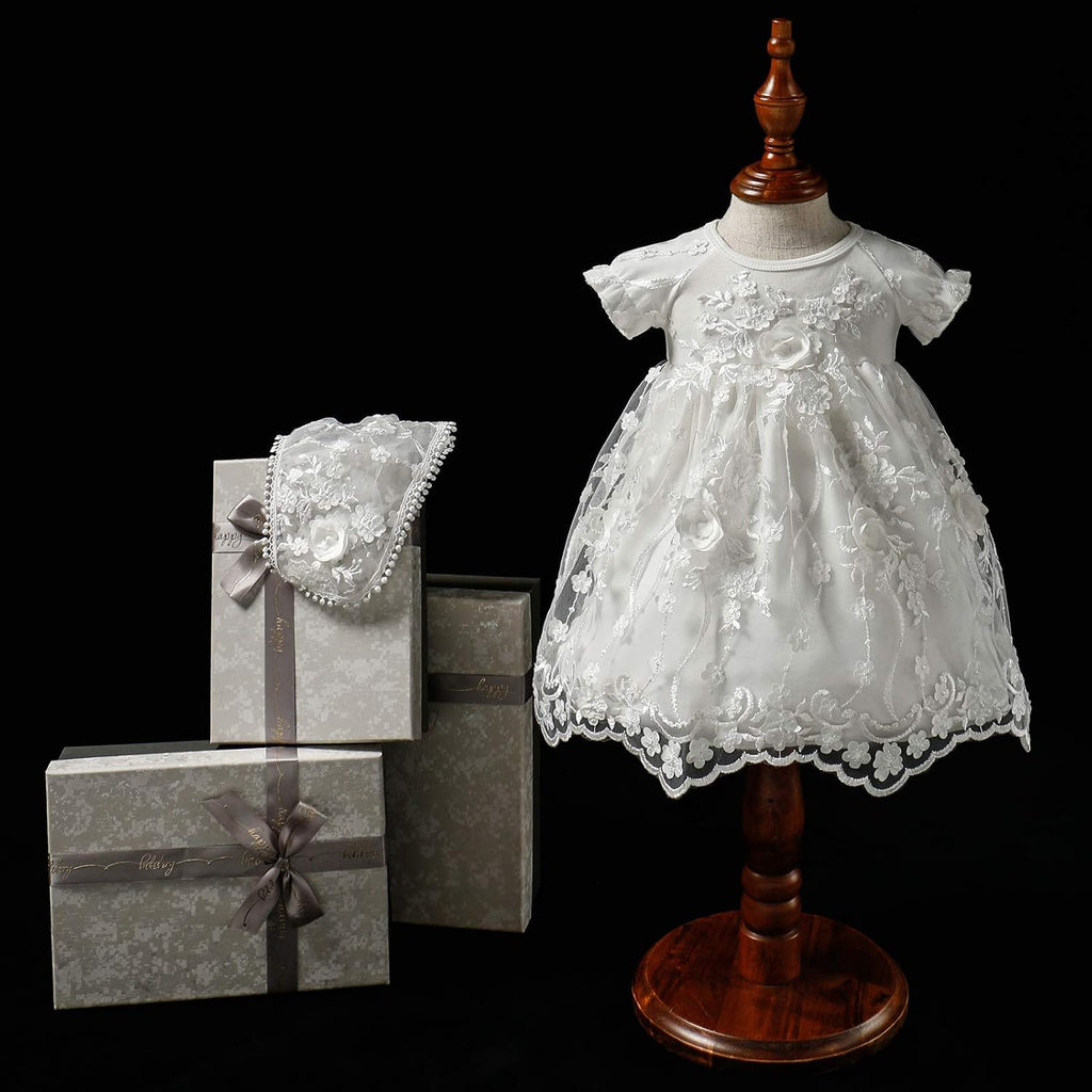 Baby Girls Christening Baptism Dress Delicate Embroideried Lace Gowns with Bonnet for Wedding Party