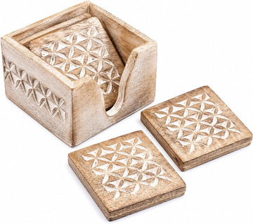 Wooden Coasters with Holder Stand | Whitewash Distressed Wooden Drink Coasters for Coffee, Tea & Wine - Set of 6