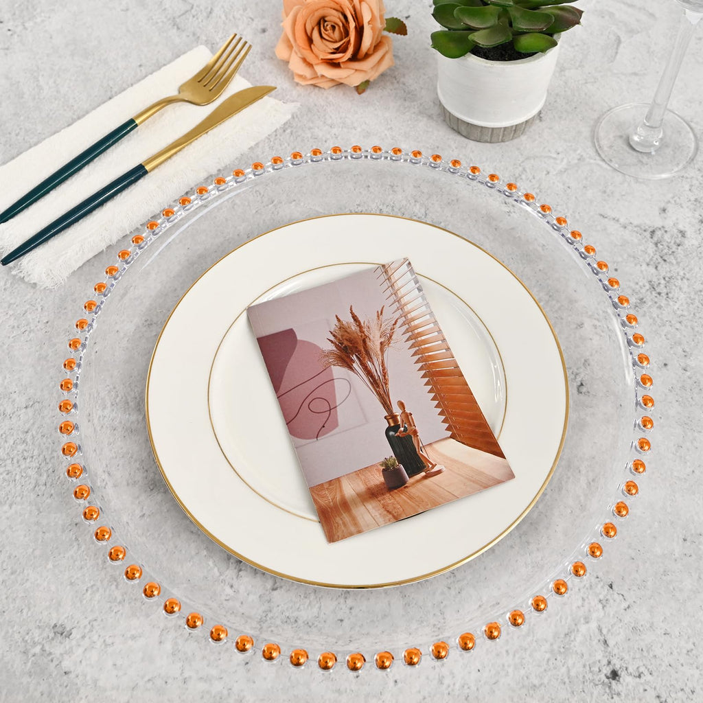 24 Pack 13 Inch Clear Charger Plates with Orange Beaded Rim