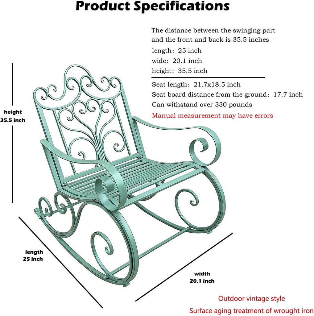 Outdoor Rocking Chair, Wrought Iron Metal Patio Rocking Chair with Armrests and Backrest, Suitable for Indoor