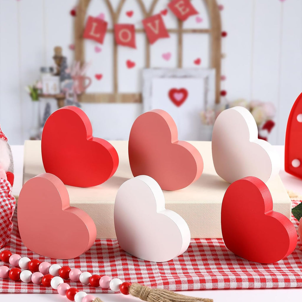 Valentines Decorations Wooden Heart Sign Classic White Pink Red Decor Shelf Mantel Fireplace Table Windowsill - Set of 6