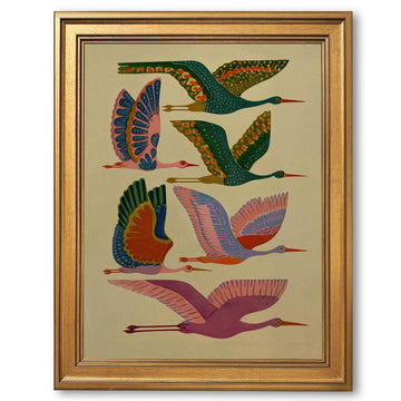 Vintage Folk Bird Wall Art Canvas Print Framed Colorful Flying Birds Poster Boho Animal Artwork Retro Wildlife Cranes