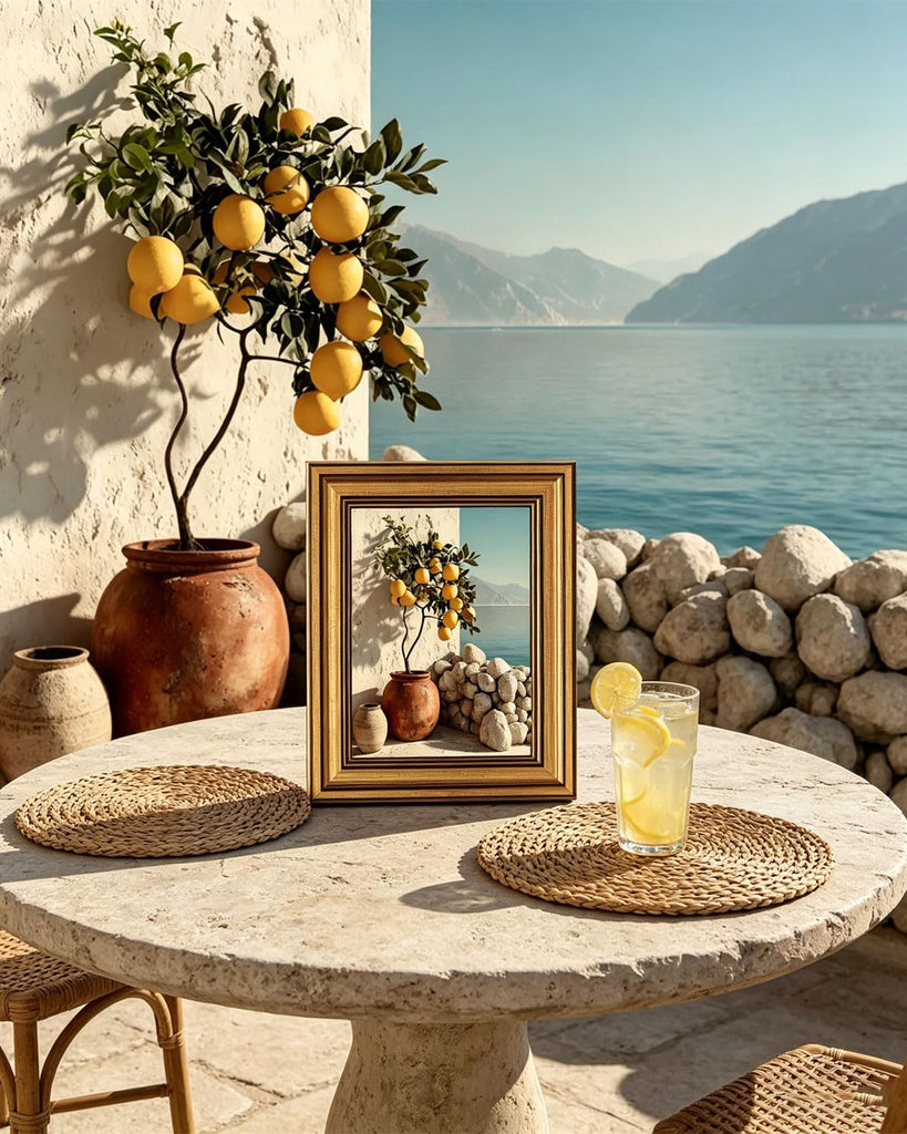 Gold Framed Wall Art, Vintage Mediterranean Lemon Tree Canvas Prints, Coastal Summer Picture Wall Decor, Rustic