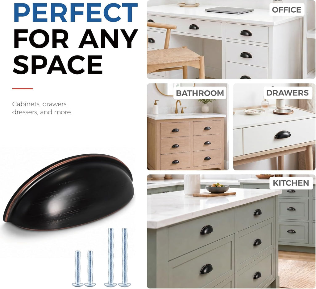 6 Pack 3 Inch Hole Centers Oil Rubbed Bronze Drawer Bin Cup Pulls Dresser Pulls for Cabinets,Furniture Handles,Kitchen