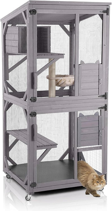 Cat House Outdoor Catio Cat Enclosures on Wheels 70.9" Kitty House with Upgraded Resting Box, Waterproof Roof