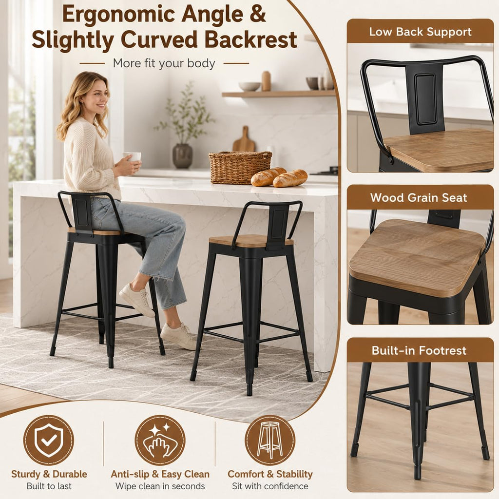Metal Bar Stools Set of 4, 30" Black Bar Height Stools with Back