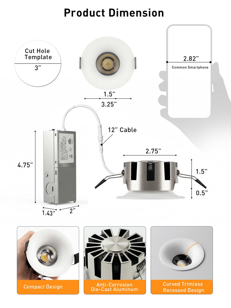 [6 Pack] 3 Inch Trimless Recessed LED Lights with Junction Box,2700-5000K Selectable,Narrow Frame Smooth Trim,9W