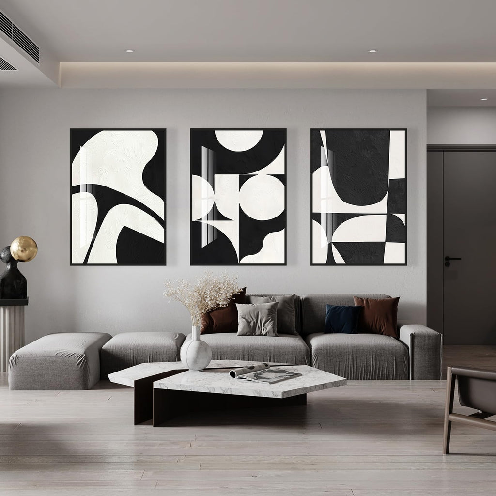 Black White Crystal Textured Abstract Framed Canvas Wall Art Set