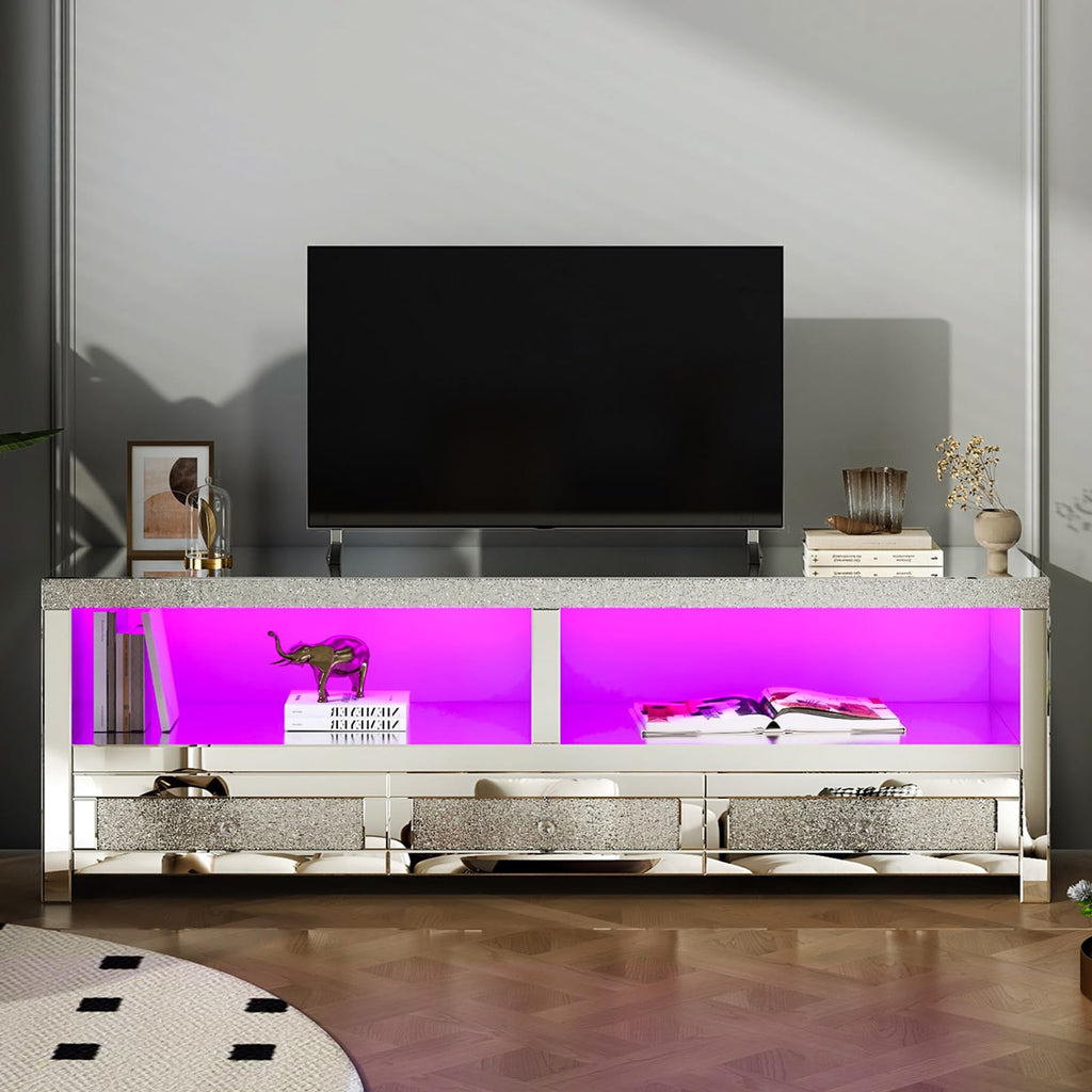 Silver Mirrored TV Stand for TVs Up to 65 Inches, LED TV Stand Modern Entertainment Center with Drawers & Open