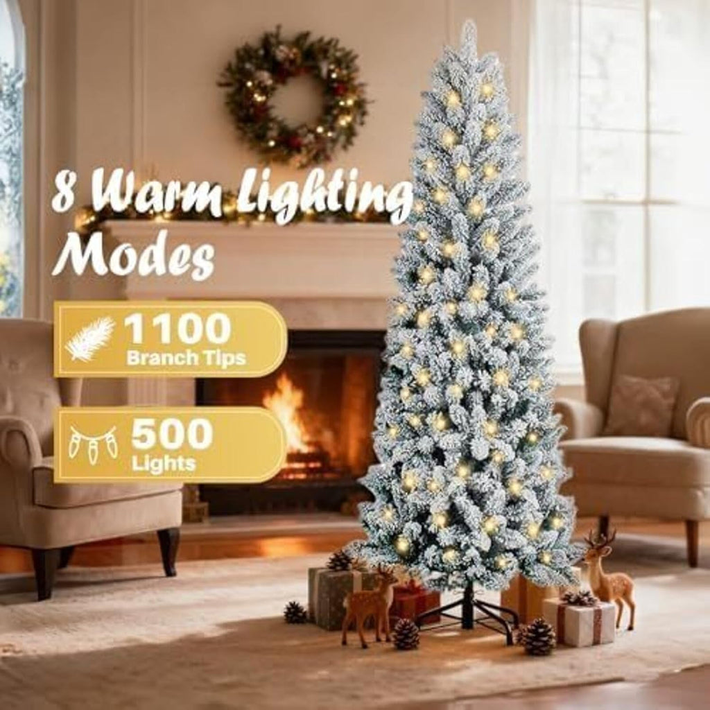Snow Flocked Pencil Christmas Tree, Prelighted Artificial Slim Christmas Trees with 500 Incandescent Lights, 1100