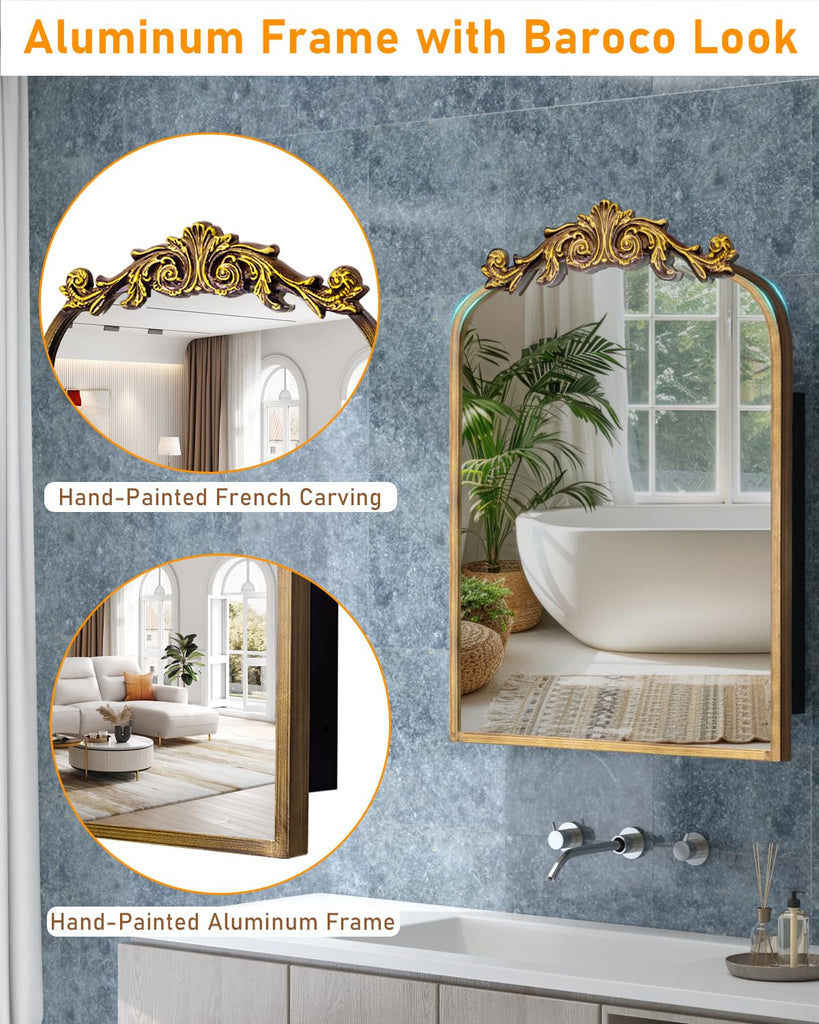 20"x30" Vintage Bathroom Medicine Cabinet with Mirror, Retro Hand-Painted Flower Art Decor, Arched Aluminum Frame