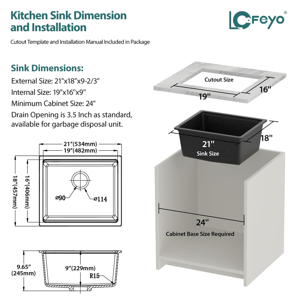21x18 Inch Black Undermount Granite Composite Bar Sink, Small Quartz Workstation Sink with Ledge, Deep Single Bowl