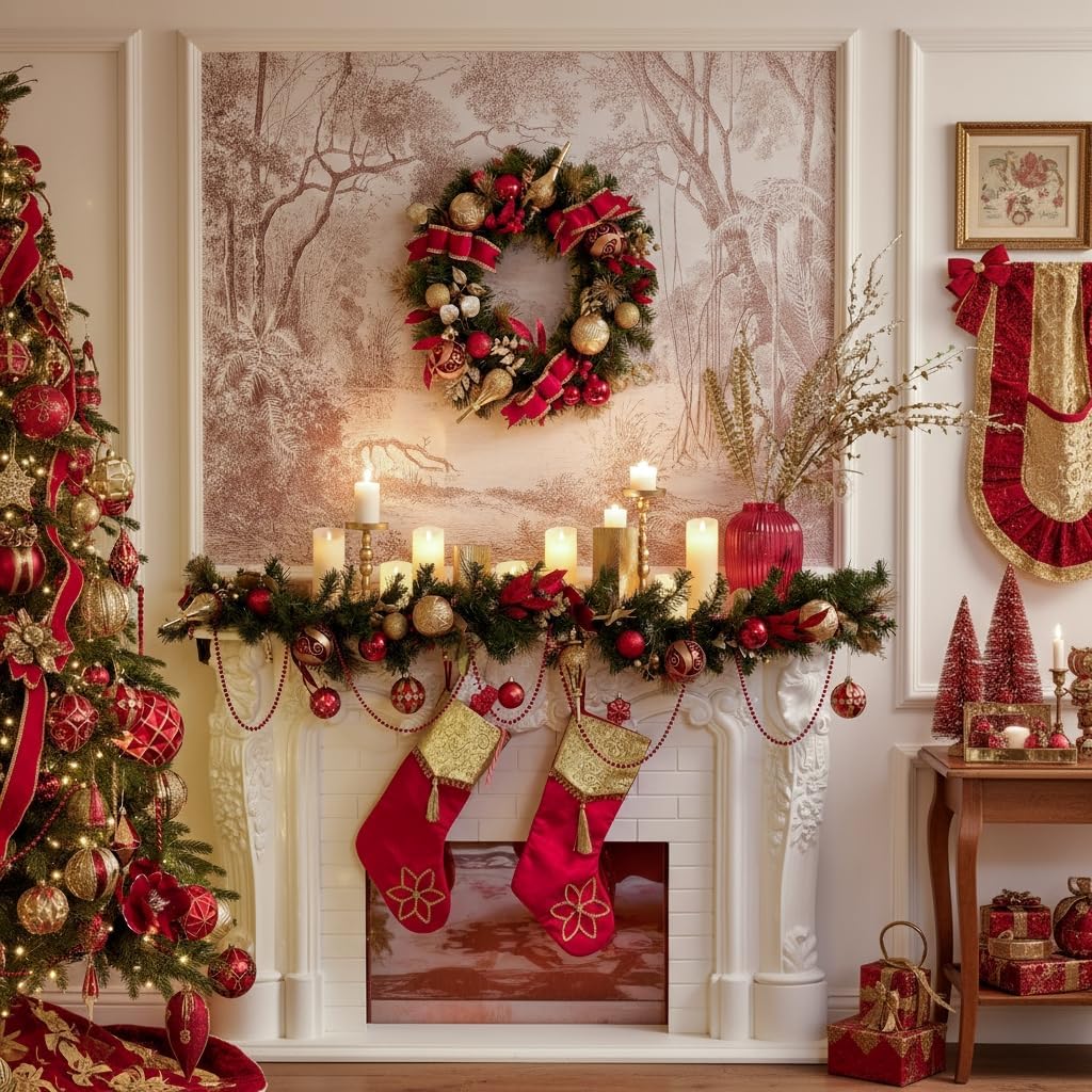 6 Feet Pre-Lit Christmas Garland with Red Gold Ball Ribbons