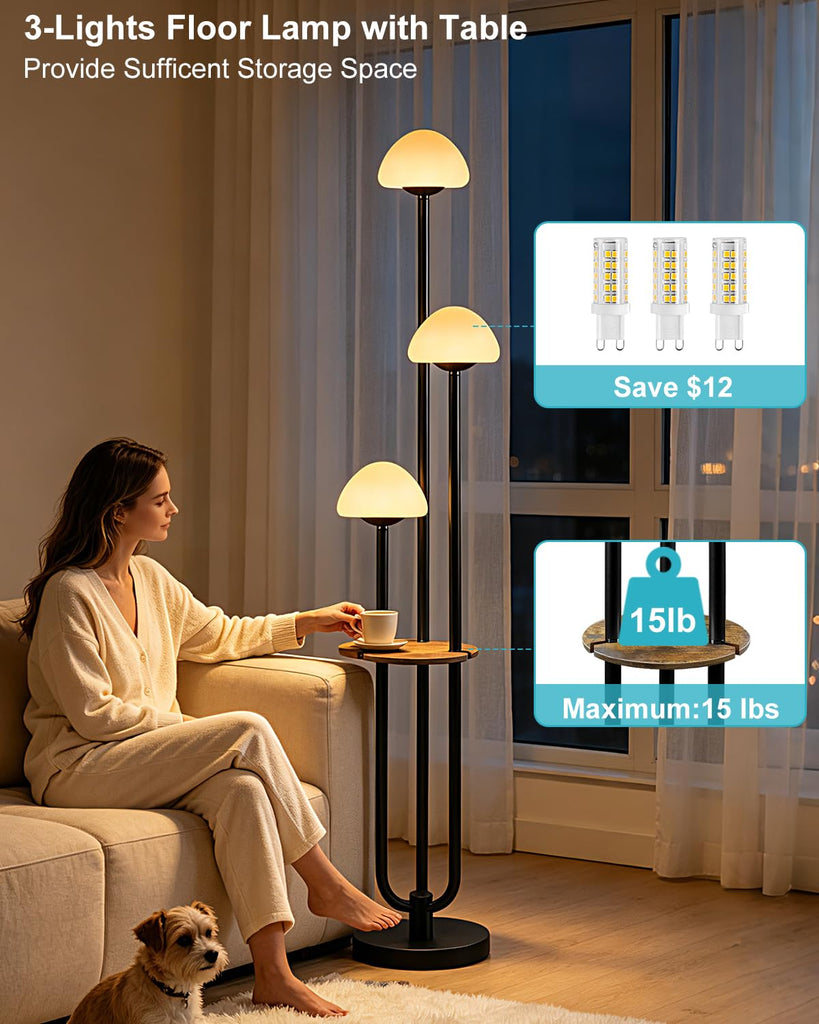 3 Light Mushroom Floor Lamp with Shelf, Dimmable Black Floor Lamp with Bulbs Included, 3000K Warm White Modern