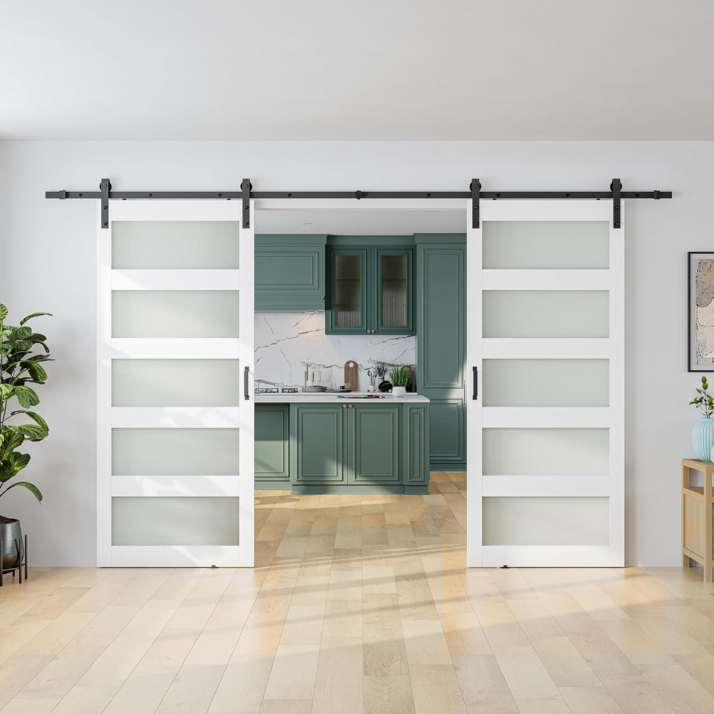 72 x 84 in (Double 36×84 Door) Glass Barn Door with 12FT Sliding Hardware Kit & Handle, Pre-Drilled 