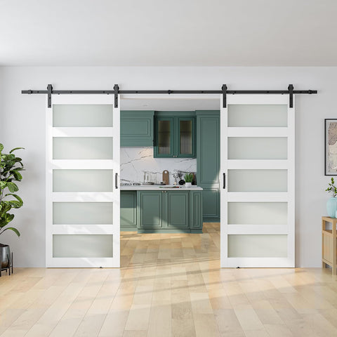72 x 84 in (Double 36×84 Door) Glass Barn Door with 12FT Sliding Hardware Kit & Handle, Pre-Drilled 