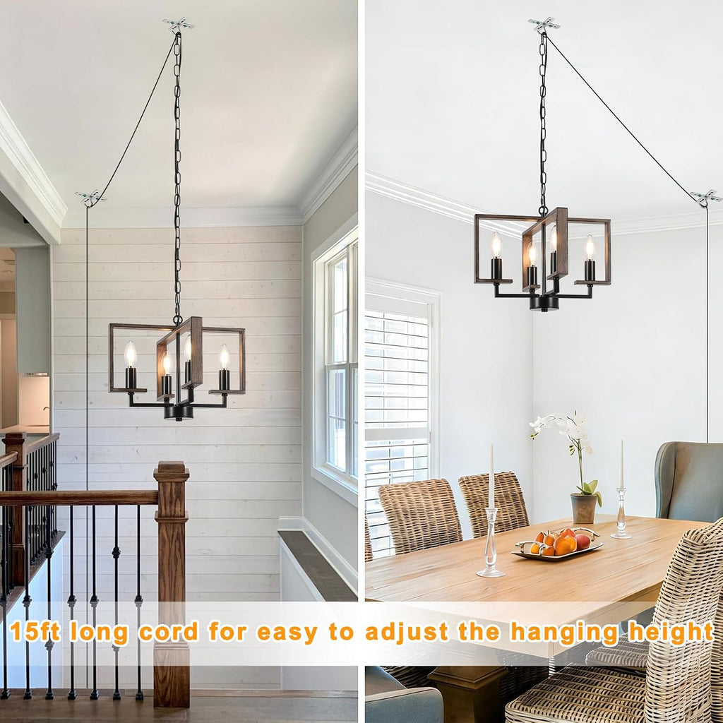 Plug in Chandelier, 4 Light Geometric Hanging Lights with Plug in Cord 15FT & Switch