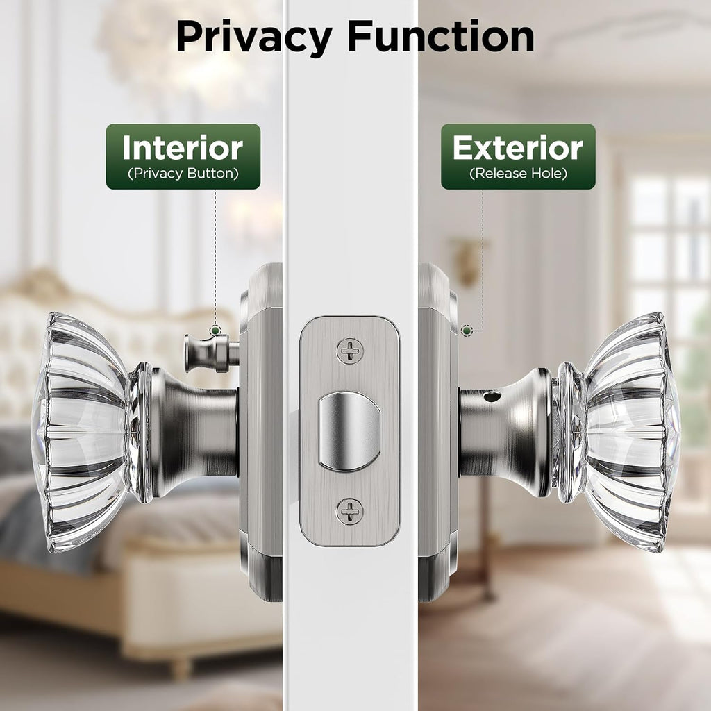 1 Pack Glass Door Knob, Rosette Shaped Crystal Door Knobs with Lock, Satin Nickel Door Knobs Interior Glass