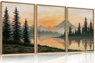 Nature Mountain Sunset Framed Canvas Wall Art, Boho Pine Trees Wall Decor, Sunset Forest Lake Painting, Modern Landscape