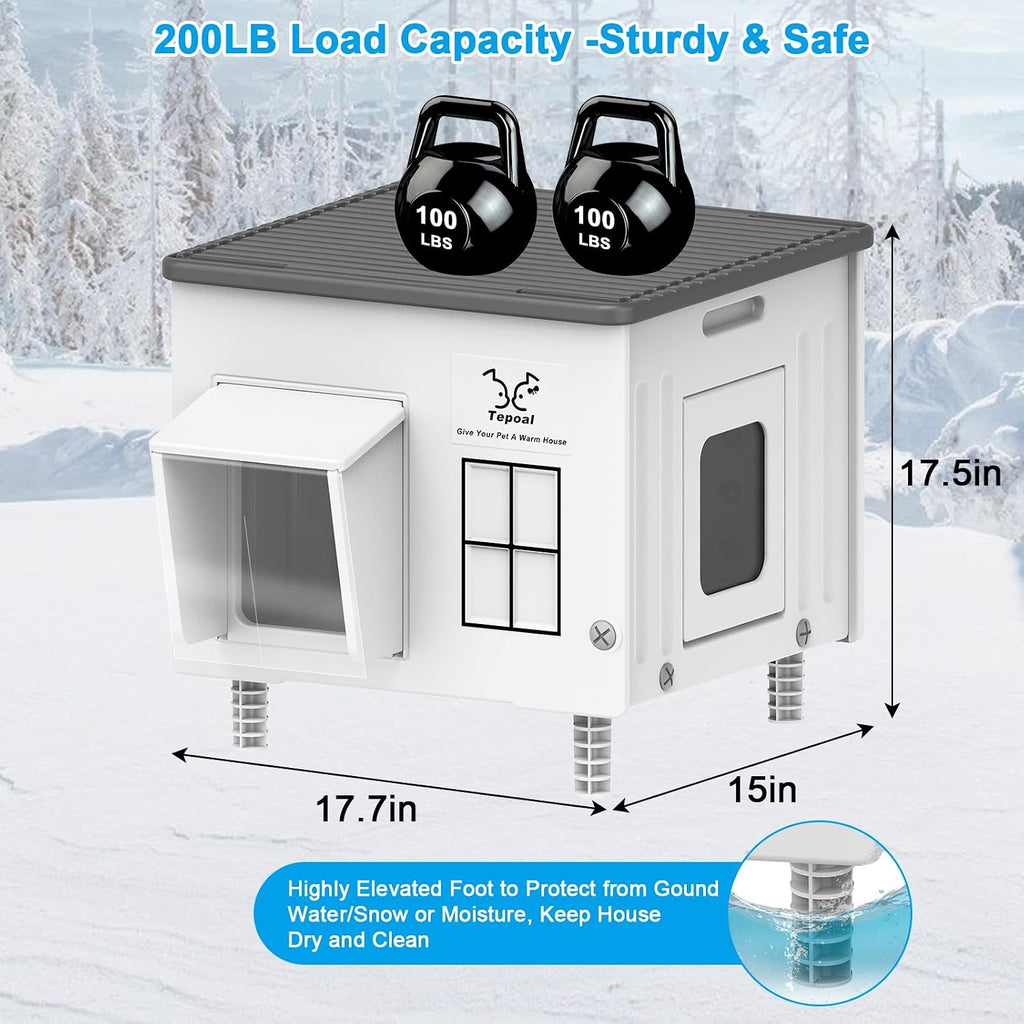 Indestructible Heated Cat House for Outside Winter, Heated Outdoor Cat House Weatherproof with Escape Door