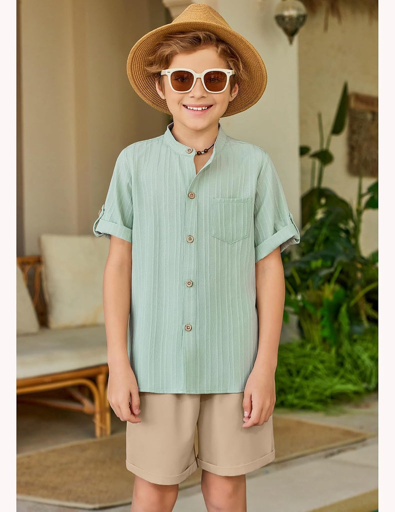 Boys Summer Outfits Textured Button Down Shirt and Shorts Set