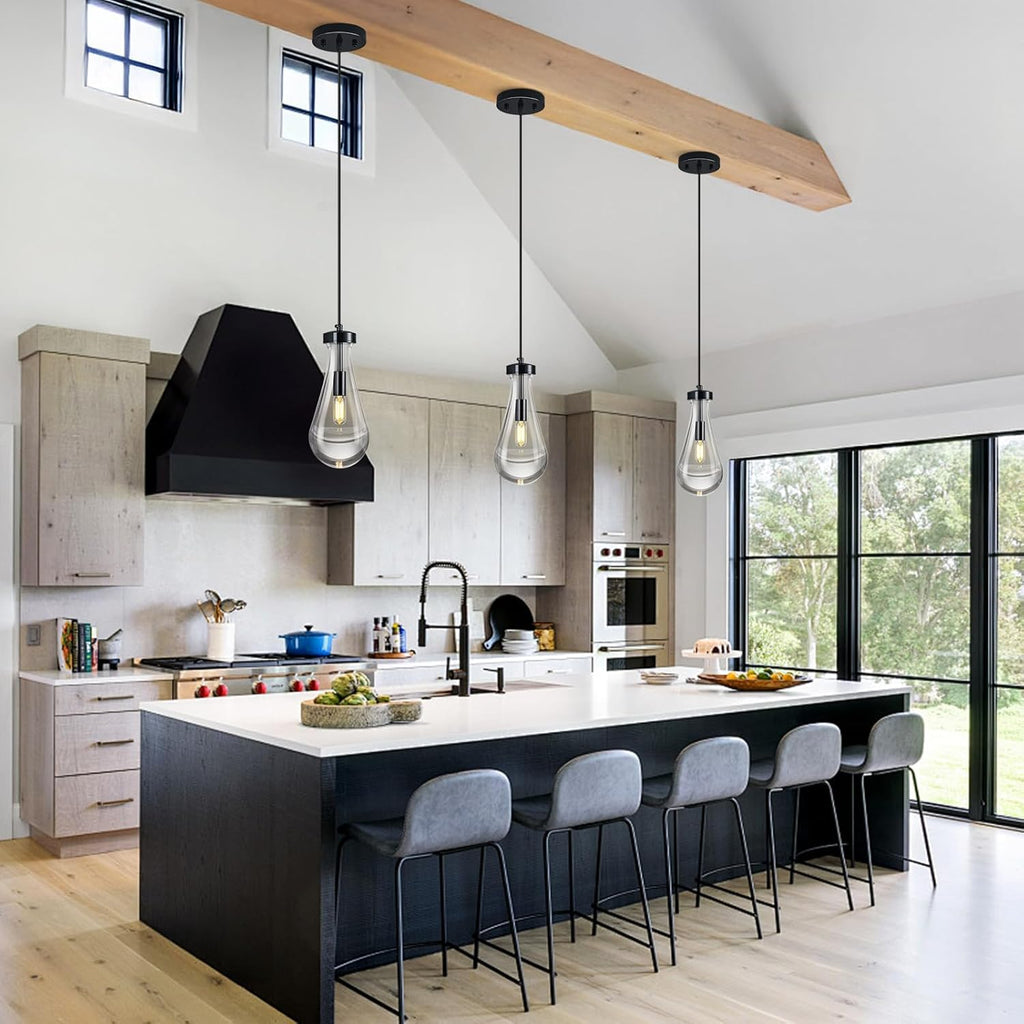 Raindrop Pendant Lights Kitchen Island Teardrop PlatingBlack Hanging Light Fixtures Clear Solid Glass Pendant Light Modern Chandeliers for Dining Room Porch Corridor Living Room(Black 2-Pack) A121-B0DL469FT2