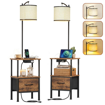 Floor Lamp with Table Set of 2, Fabric Drawer, Rustic Brown, 15" W