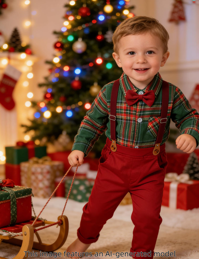Baby Boys Suits Dress Christmas Outfits Plaid Green and Red