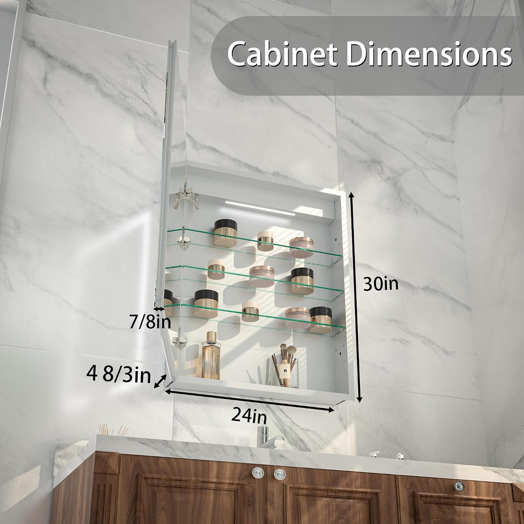 24x30" LED Medicine Cabinet, Anti-fog, Adjustable shelves, Square-ring Glow | Lighted Medicine Cabinet with Mirror