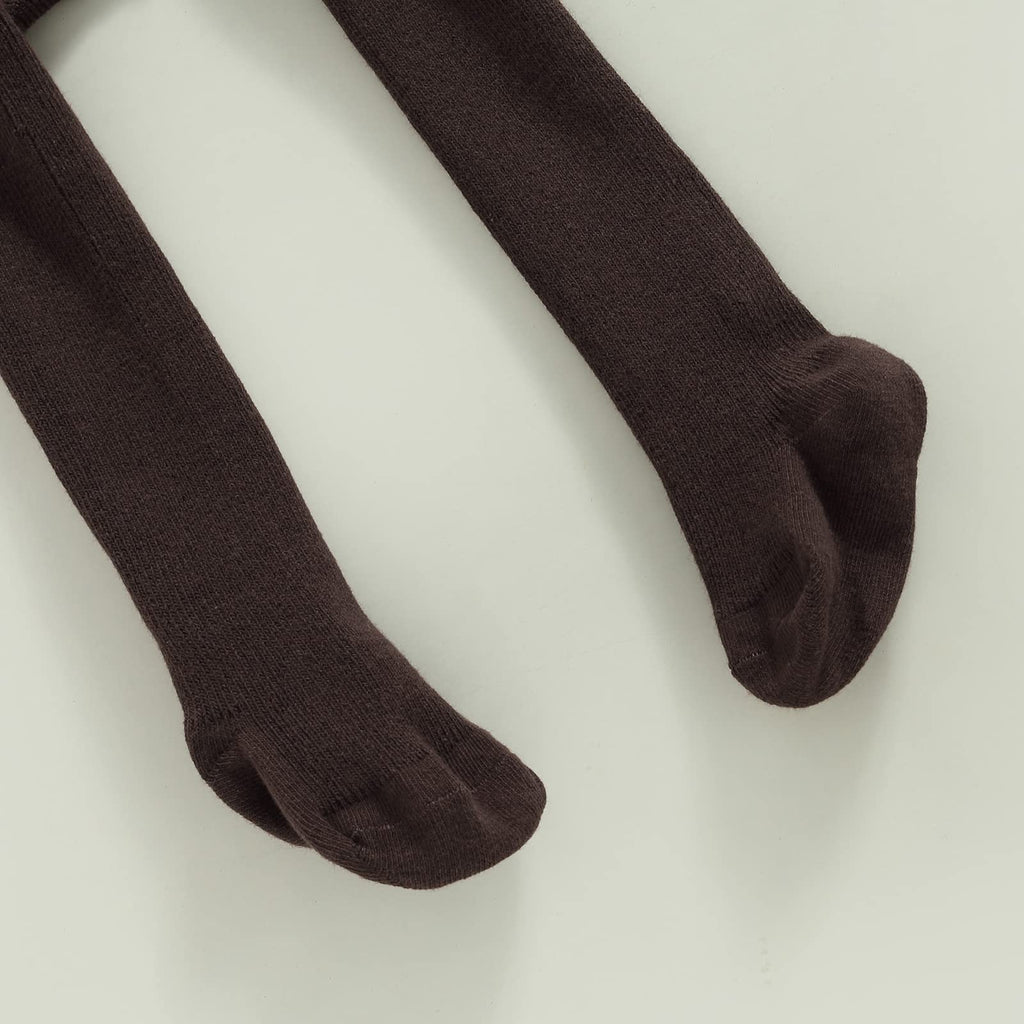 Girl Boy Suspender Tights Pantyhose Ribbed Knit Leggings Stockings Solid Color High Waist Cute Footed Pants (B-Brown