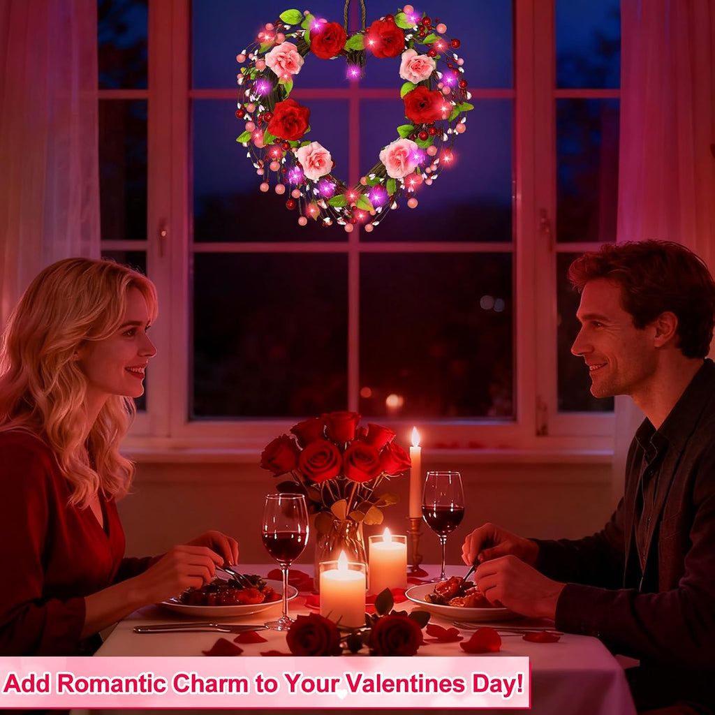 Valentines Day Wreath Decor with 20 Red and Pink Lights Timer, 18 Inch Valentines Wreaths for Front Door Rose Berry