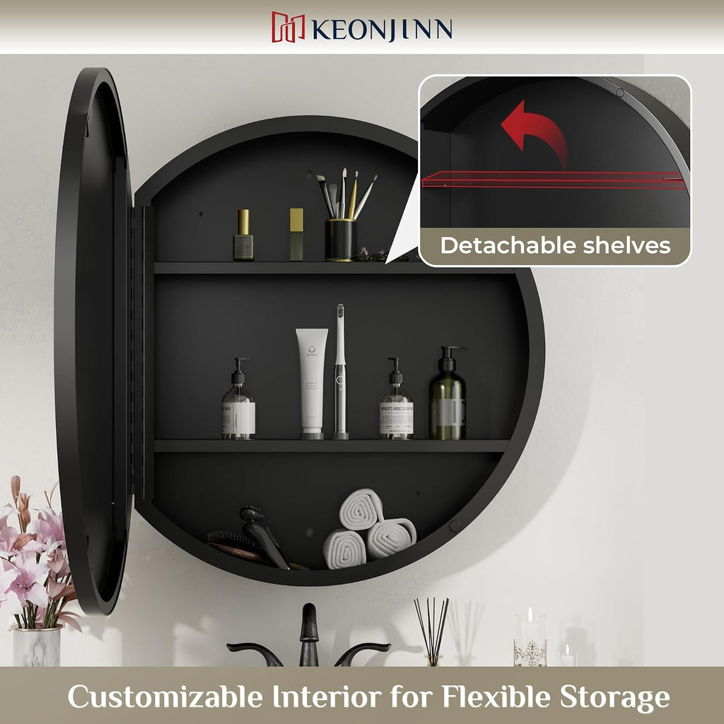 24 x 24 Inch Round Medicine Cabinet , Shatter-Proof | Surface Mount, Black Medicine Cabinet with Mirror, Metal Frame