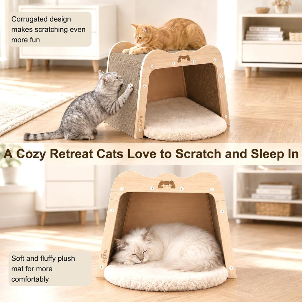 Cat Scratcher Bed and Solid Wood Cardboard Cat House for Indoor Cats