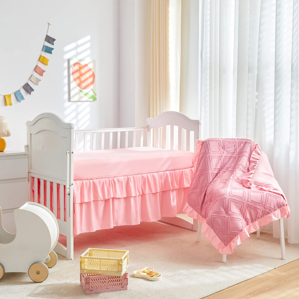 Tufted Ruffle Crib Bedding Set 3 Pieces Baby Boho Quilted Comforter with Fitted Sheet and Bed Skirt - Cute Ruffled