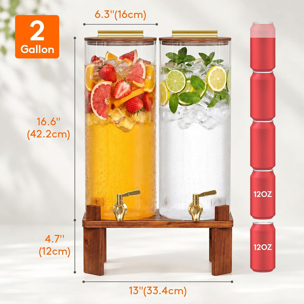 Gallon Glass Drink Dispenser with Wood Stand & Leakproof Spigot - Set of 2