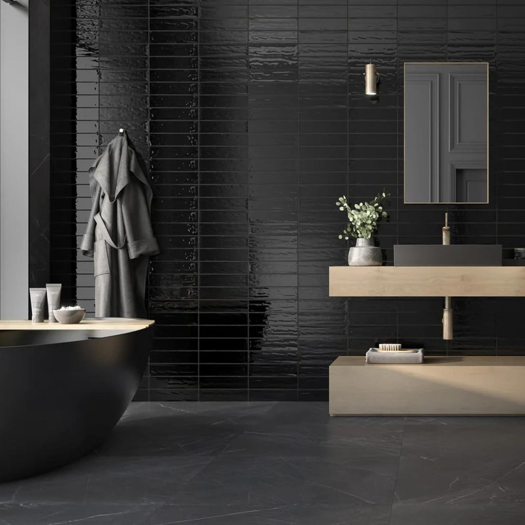 Glossy Black Ceramic Subway Tile 3x12, Handmade Look Wall Tile, Rustic Artisan Zellige Style Backsplash Bathroom
