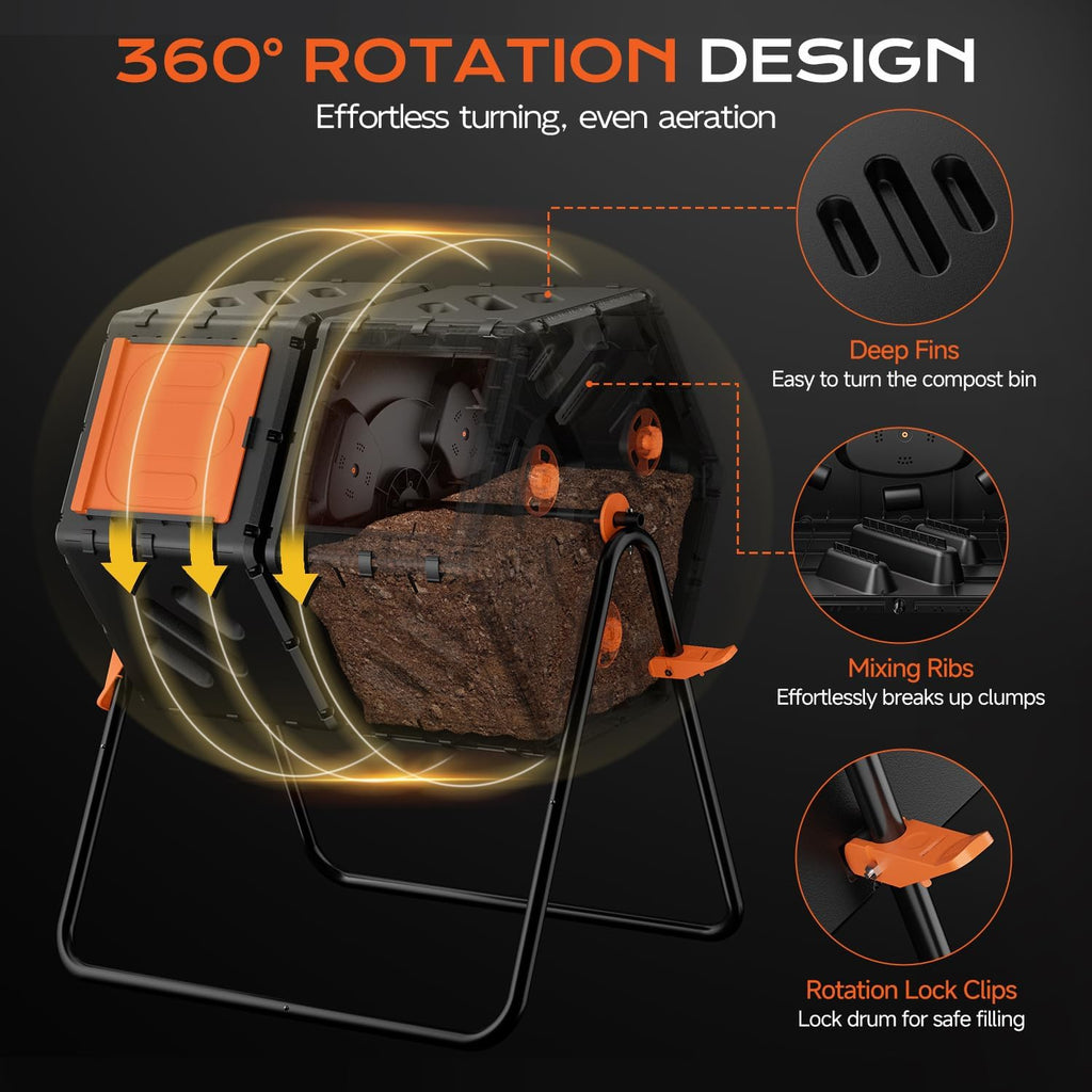 Compost Bin Outdoor 45 Gallon, Dual Separate Chamber Composter | 360°Rotating Garden Compost Tumbler for Fast