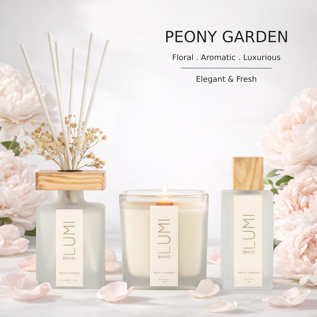Luxury Aroma Gift Set | Peony Garden Scent - Reed Diffuser (200ml), Wood Wick Soy Candle (200g), Room Spray (50ml) |